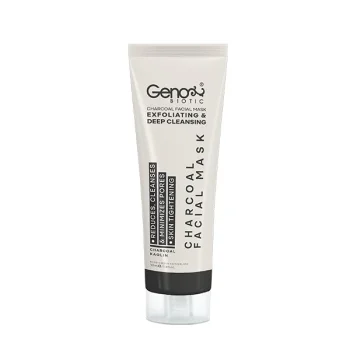 ماسک صورت و گردن ژنوبایوتیک مدل زغال حجم 100 میلی‌لیتر، لایه‌بردار و ضد جوش، پاکسازی عمقی پوست با کربن فعال و عصاره آلوئه باربادنسیس، کاهش چربی و جمع‌کننده منافذ، مناسب انواع پوست